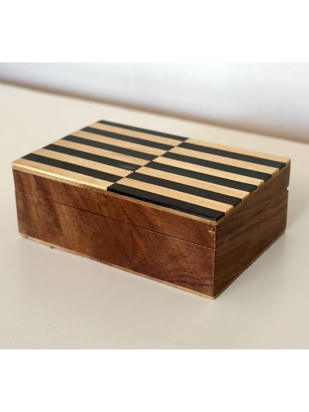 Modernist Wooden Jewelry Storage Box Striped Geometric Keepsake
